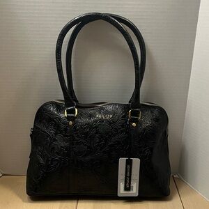 Assots London Sydney Black Embossed Floral Print Shoulder Bag Purse NWT